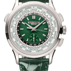 Patek Philippe Complications World Time 39mm Opaline Green Dial Platinum Bottle Green Alligator Strap