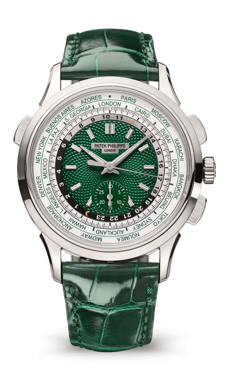 Patek Philippe Complications World Time 39mm Opaline Green Dial Platinum Bottle Green Alligator Strap