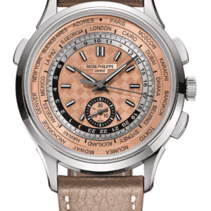 Patek Philippe Complications World Time Flyback Chronograph 41mm Opaline Rose-Gilt Dial Stainless Steel Taupe Calfskin Strap