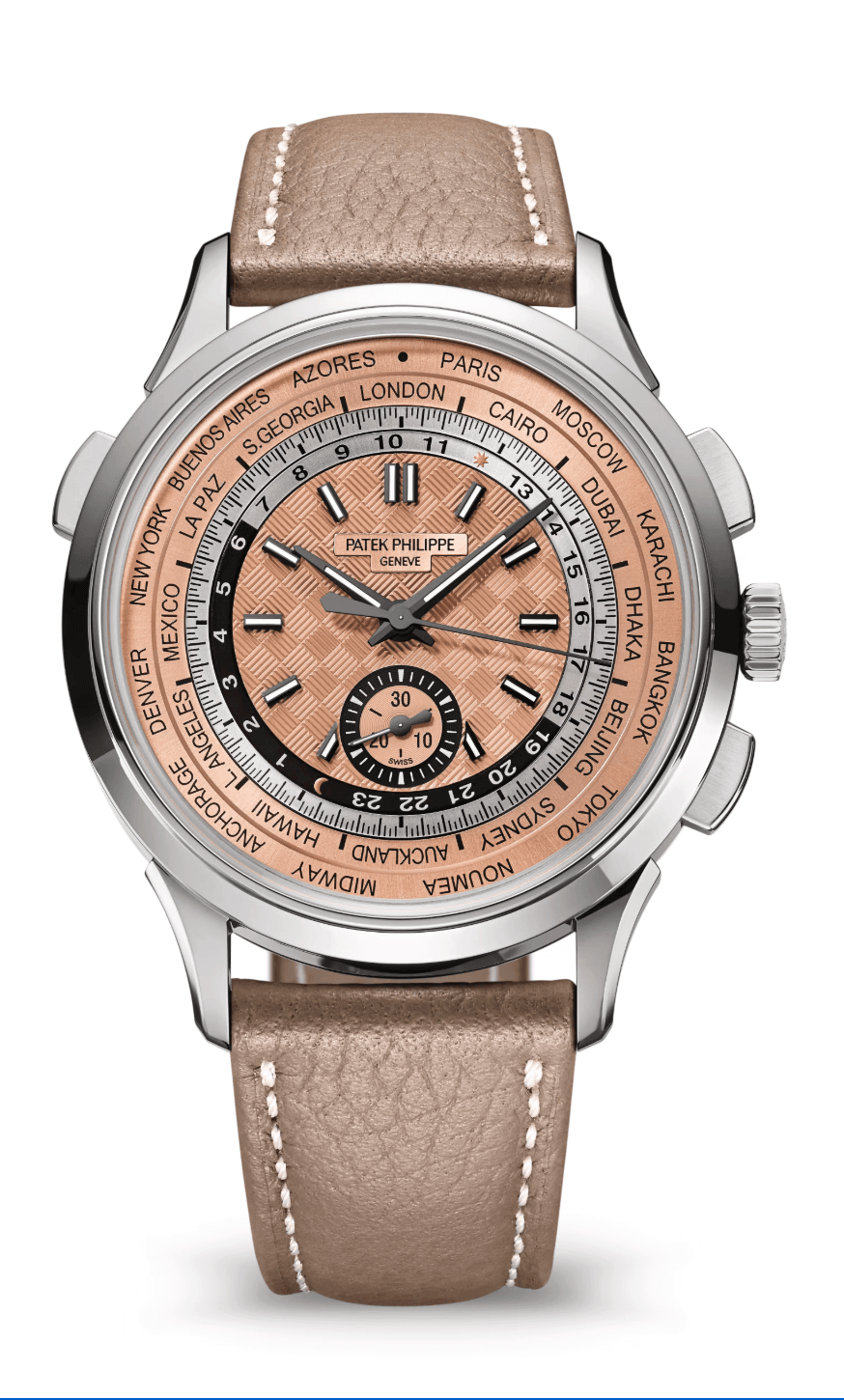 Patek Philippe Complications World Time Flyback Chronograph 41mm Opaline Rose-Gilt Dial Stainless Steel Taupe Calfskin Strap