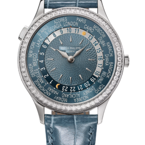 Patek Philippe Complications World Time 36mm Blue-Grey Dial Diamond Bezel White Gold Peacock Blue Alligator Strap