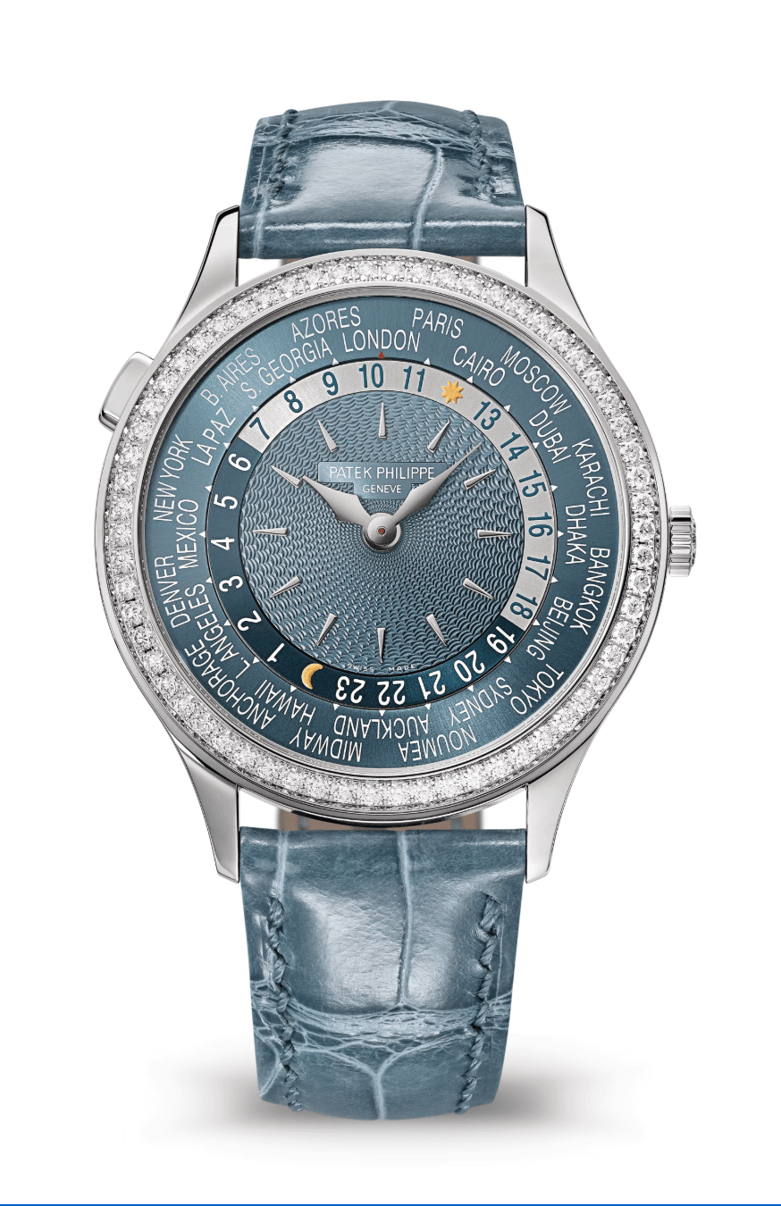 Patek Philippe Complications World Time 36mm Blue-Grey Dial Diamond Bezel White Gold Peacock Blue Alligator Strap