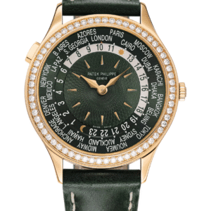 Patek Philippe Complications World Time 36mm Olive Green Dial Diamond Bezel Rose Gold Olive Green Calfskin Strap