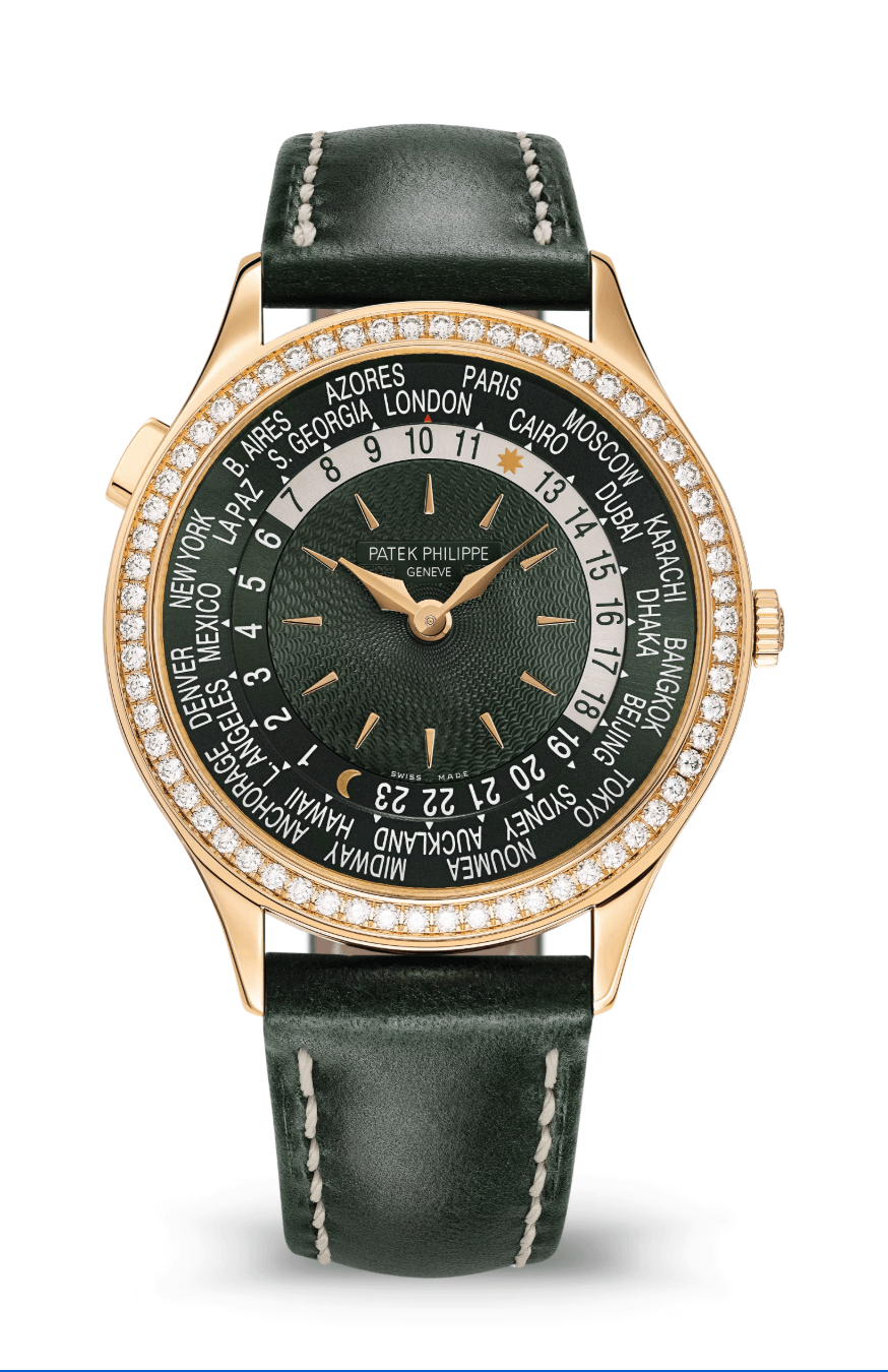 Patek Philippe Complications World Time 36mm Olive Green Dial Diamond Bezel Rose Gold Olive Green Calfskin Strap