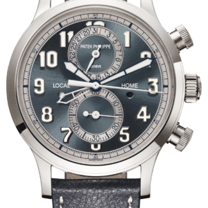 Patek Philippe Complications 42mm Sunburst Blue-Grey Dial White Gold Navy Blue Calfskin Strap