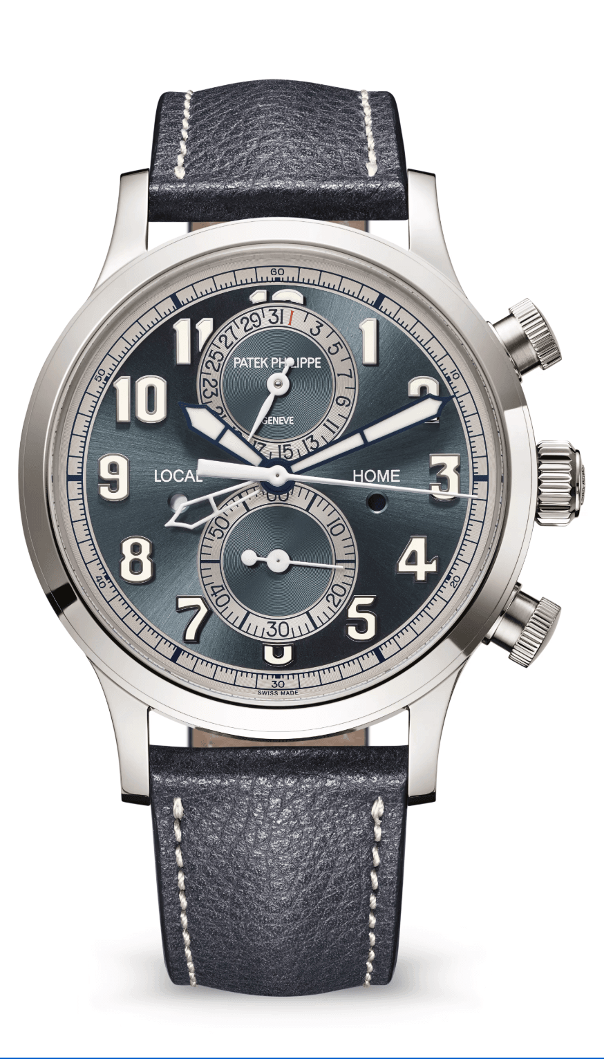 Patek Philippe Complications 42mm Sunburst Blue-Grey Dial White Gold Navy Blue Calfskin Strap