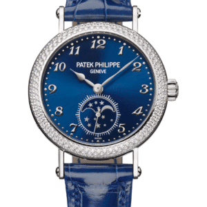 Patek Philippe Complications 33mm Sunburst Blue Dial Diamond Bezel White Gold Sapphire Blue Alligator Strap