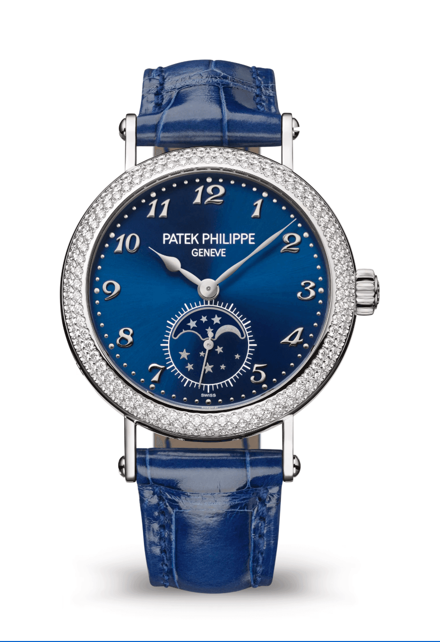 Patek Philippe Complications 33mm Sunburst Blue Dial Diamond Bezel White Gold Sapphire Blue Alligator Strap