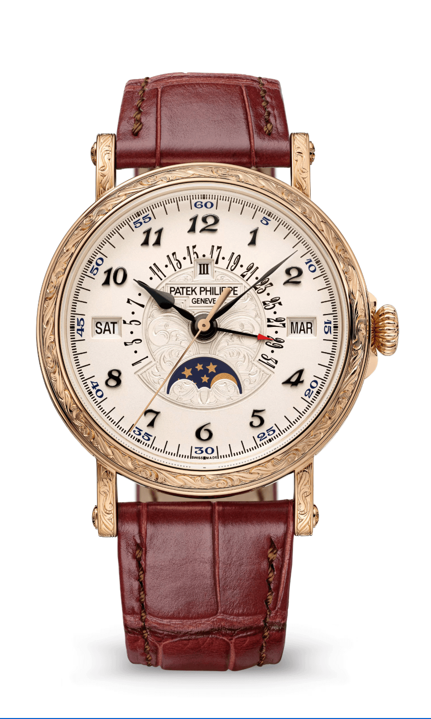 Patek Philippe Grand Complications Perpetual Calendar 38mm Opaline Silver Dial Handcrafted Rose Gold Brown Alligator Strap