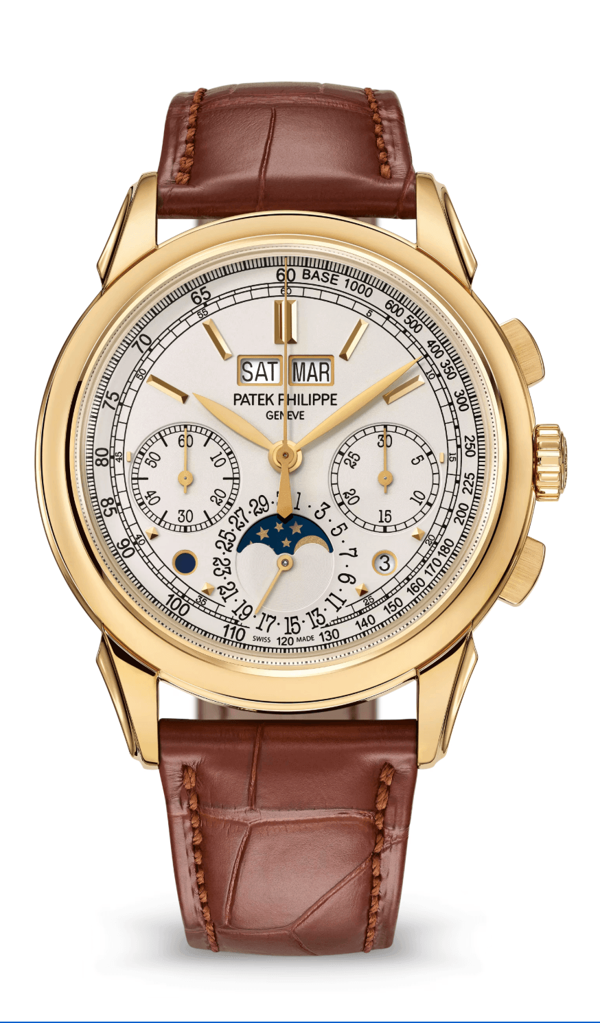 Patek Philippe Grand Complications Perpetual Calendar Chronograph 41mm Opaline Silver Dial Yellow Gold Chocolate Brown Alligator Strap