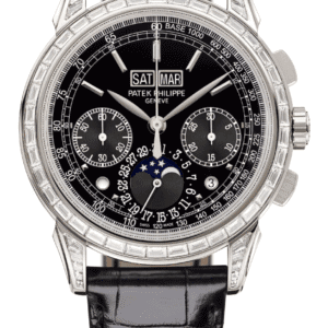 Patek Philippe Grand Complications Perpetual Calendar Chronograph 41mm Lacquered Black Dial Baguette Bezel Platinum Black Alligator Strap