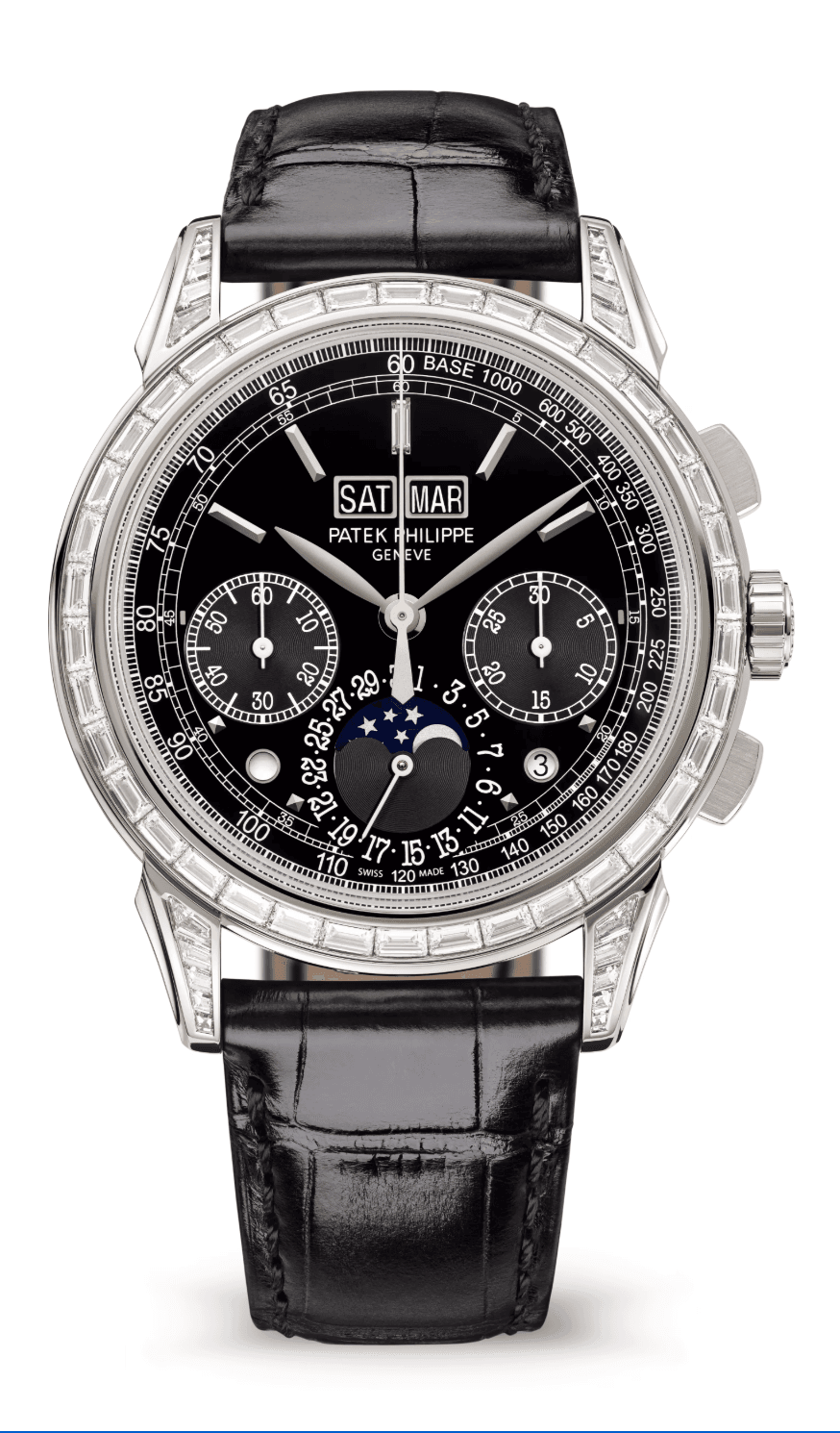 Patek Philippe Grand Complications Perpetual Calendar Chronograph 41mm Lacquered Black Dial Baguette Bezel Platinum Black Alligator Strap