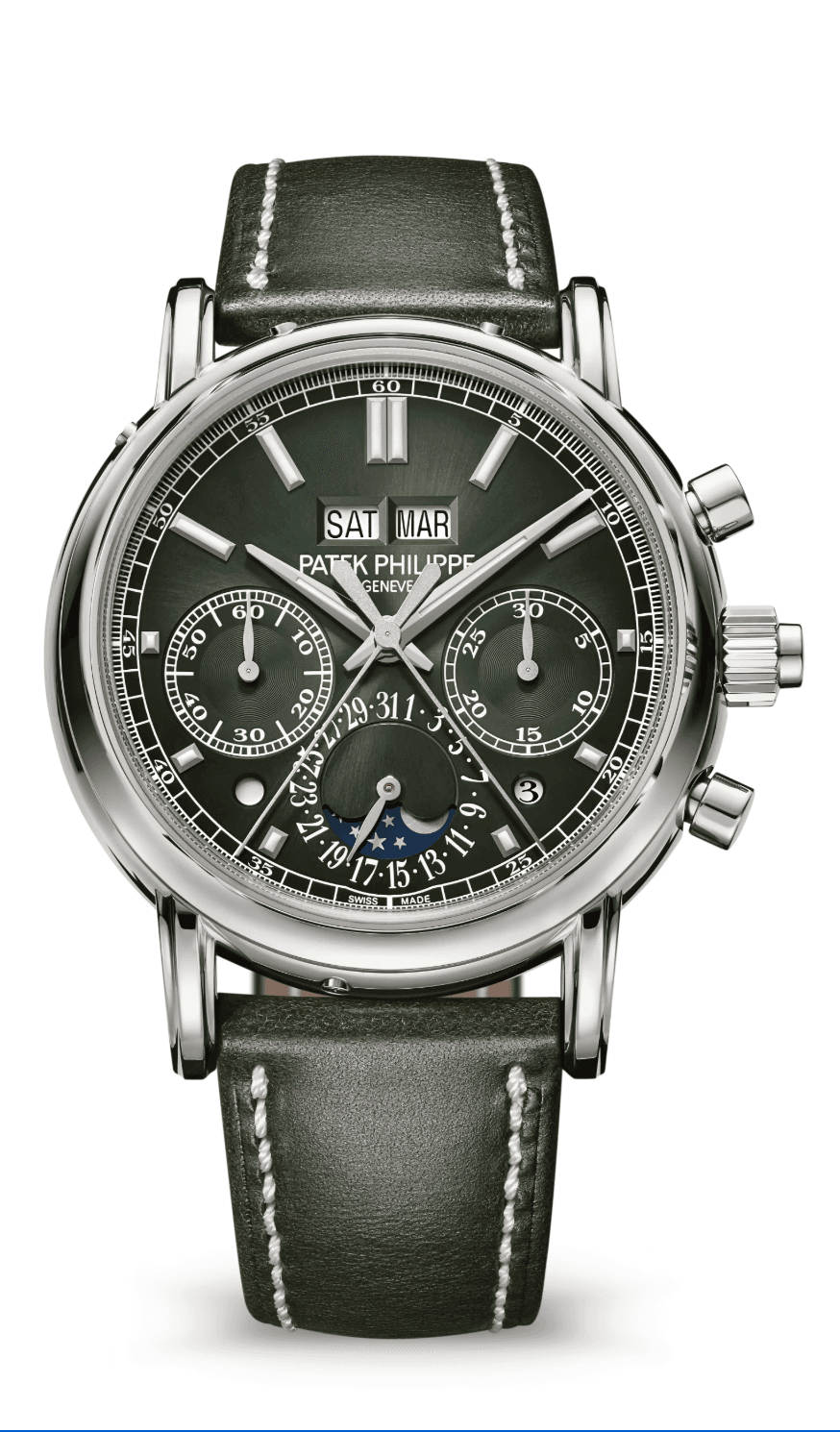 Patek Philippe Grand Complications Perpetual Calendar Chronograph 40mm Sunburst Olive Green Black Gradient Dial White Gold Olive Green Calfskin Strap
