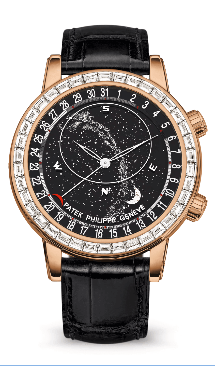 Patek Philippe Grand Complications Celestial 44mm Baguette Bezel Rose Gold Black Alligator Strap
