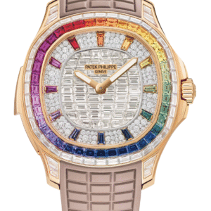 Patek Philippe Aquanaut Luce Rainbow Minute Repeater 38mm Pave Diamond Dial Rose Gold Beige Composite Strap