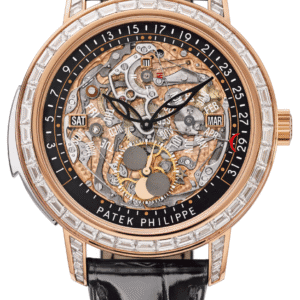 Patek Philippe Grand Complications Minute Repeater Perpetual Calendar 43mm Skeleton Dial Baguette Bezel Rose Gold Black Alligator Strap