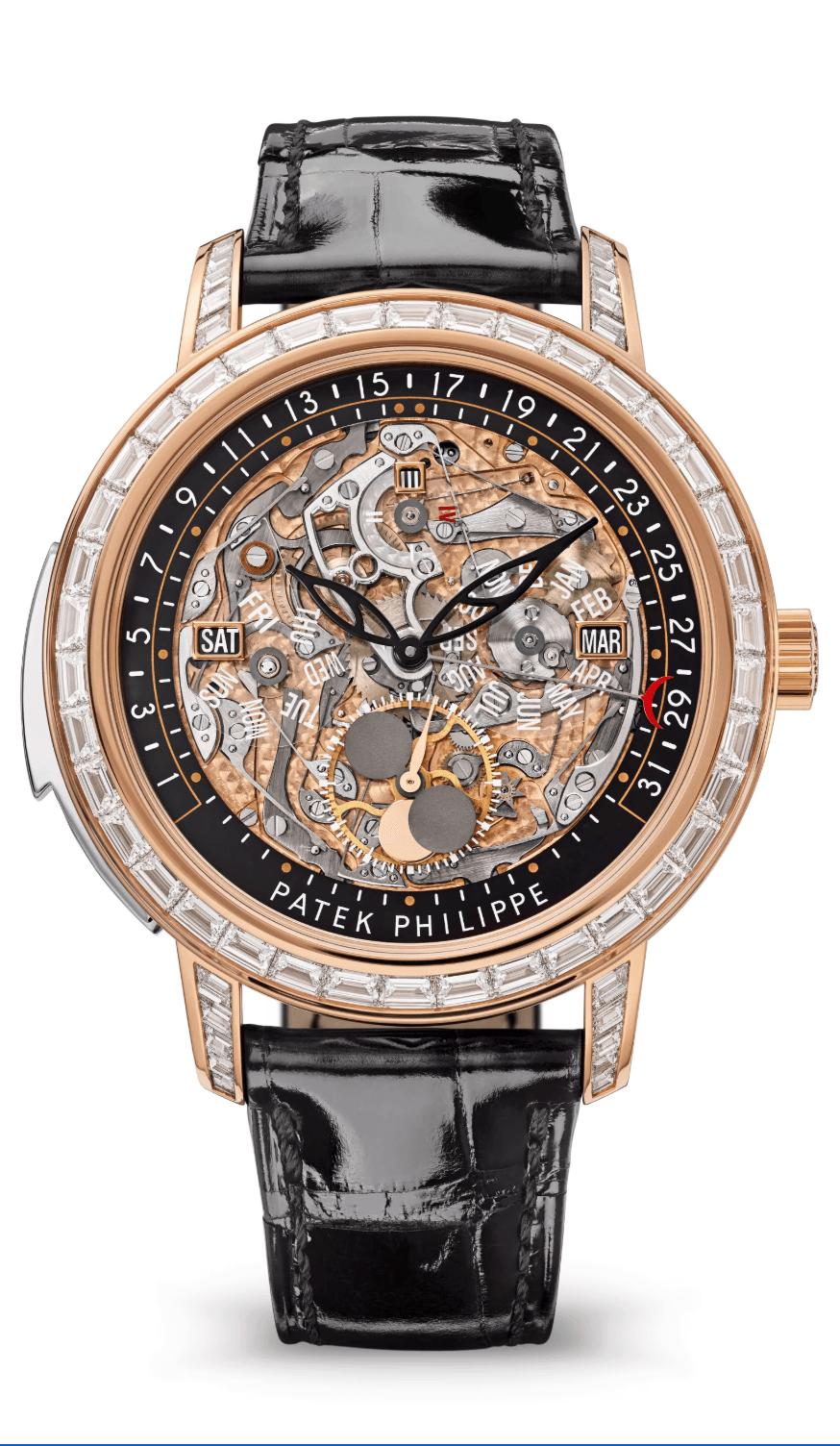 Patek Philippe Grand Complications Minute Repeater Perpetual Calendar 43mm Skeleton Dial Baguette Bezel Rose Gold Black Alligator Strap