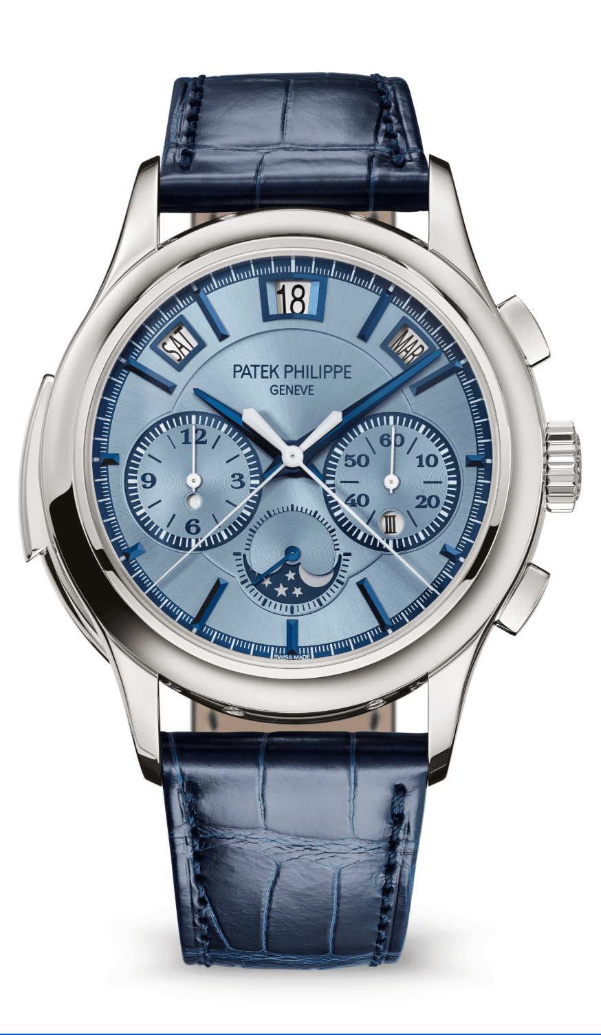 Patek Philippe Grand Complications Minute Repeater Chronograph Perpetual Calendar 42mm Sunburst Ice Blue Dial White Gold Navy Blue Alligator Strap