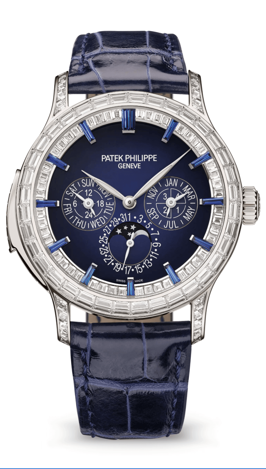 Patek Philippe Grand Complications Minute Repeater Perpetual Calendar 42mm Lacquered Blue Black Gradient Baguette Dial Baguette Bezel Platinum Dusk Blue Alligator Strap