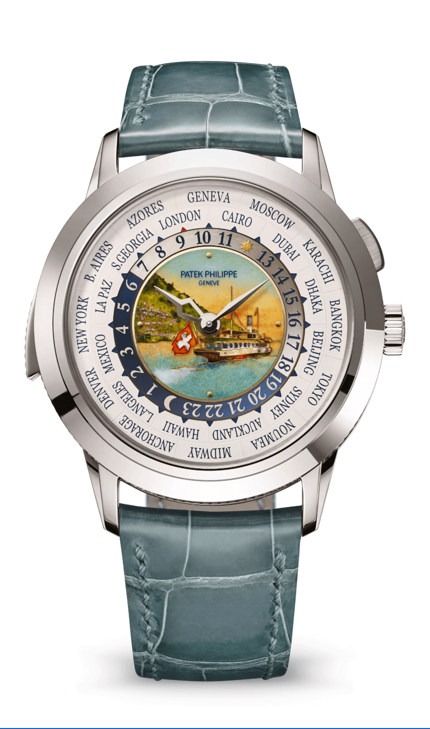 Patek Philippe Grand Complications Minute Repeater World Time 42mm Grand Feu Cloisonné Enamel Dial White Gold Blue-Green Alligator Strap