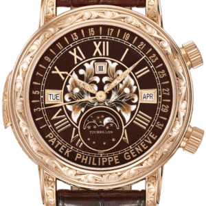 Patek Philippe Grand Complications Sky Moon Tourbillon 44mm Grand Feu Champlevé and Cloisonné Brown Enamel Dial Handcrafted Rose Gold Chestnut Alligator Strap