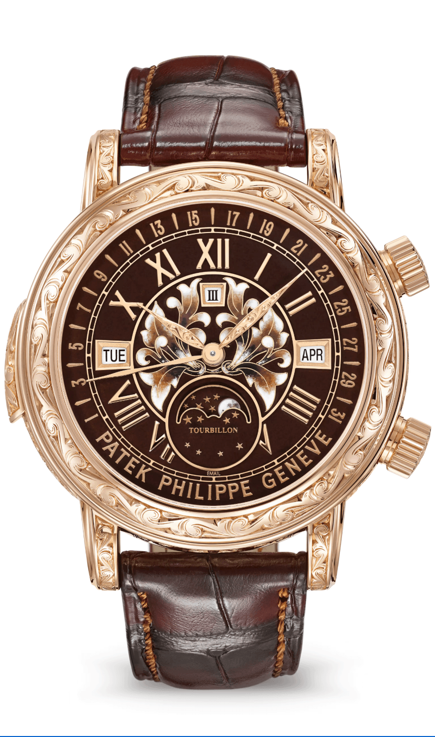 Patek Philippe Grand Complications Sky Moon Tourbillon 44mm Grand Feu Champlevé and Cloisonné Brown Enamel Dial Handcrafted Rose Gold Chestnut Alligator Strap